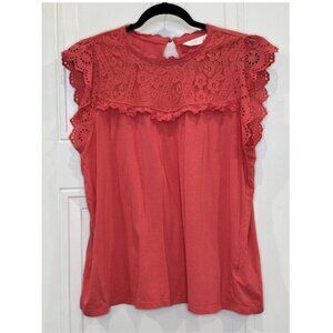 LC Lauren Conrad Pink Lace Cap Sleeve Ruffle Top EUC Keyhole Back